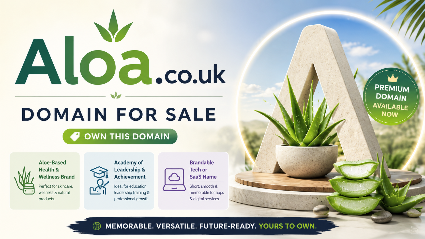 Promotional graphic featuring the domain Aloa.co.uk, shown with aloe-inspired branding, wellness icons and a sculpted letter A. Style: bright modern startup design.