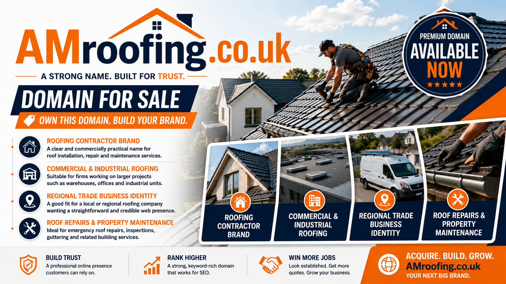Promotional graphic featuring the domain AMroofing.co.uk, shown with a professional roofer and modern roof installations. Style: bright, trustworthy trade branding.