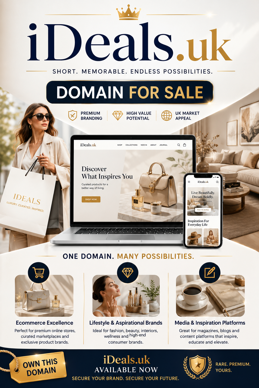 Promotional graphic featuring the domain iDeals.uk with luxury shopping visuals, gold branding and modern lifestyle imagery. Style: bright premium startup aesthetic.