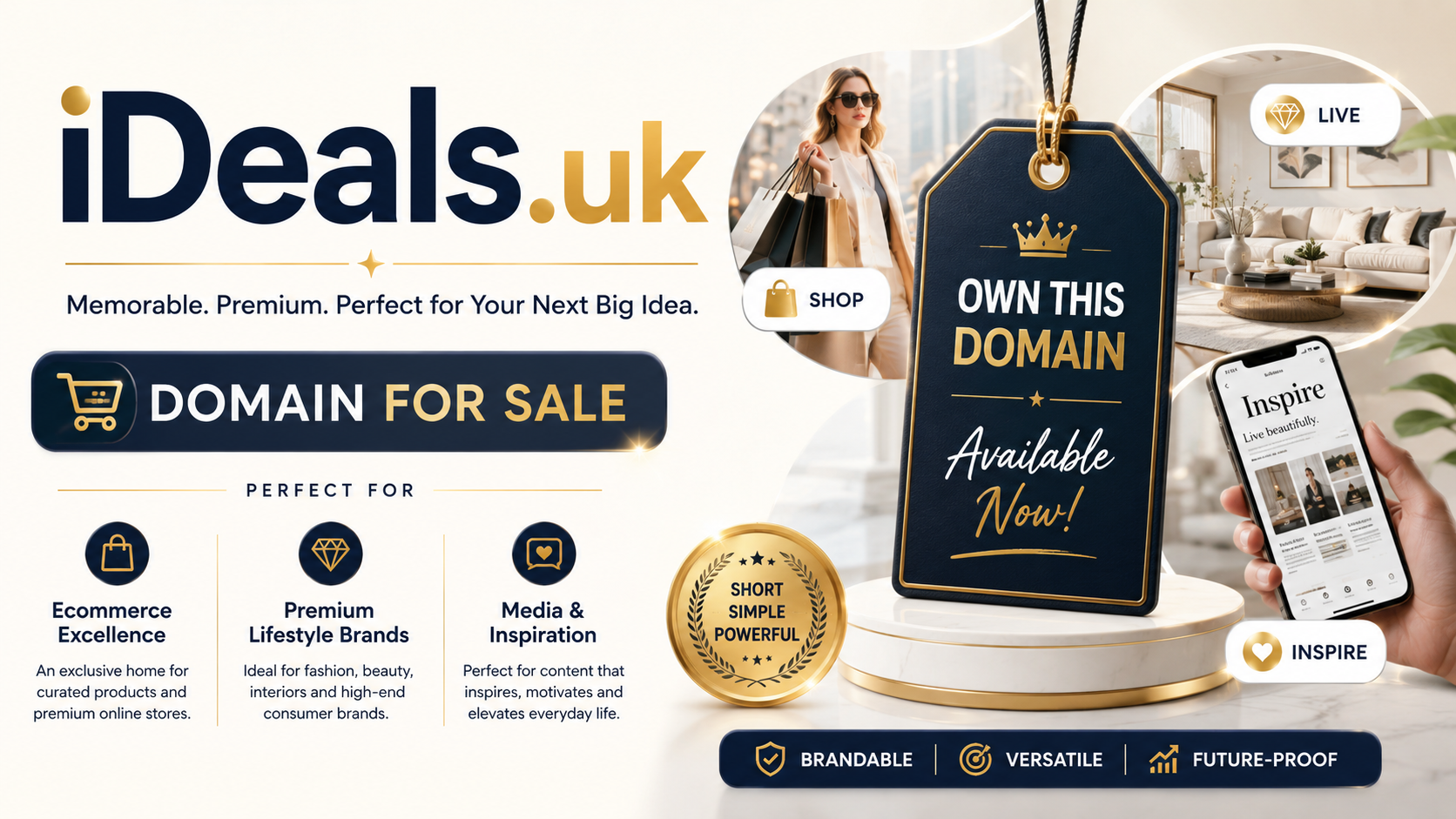 Promotional graphic featuring the domain iDeals.uk with luxury shopping visuals, gold branding and modern lifestyle imagery. Style: bright premium startup aesthetic.